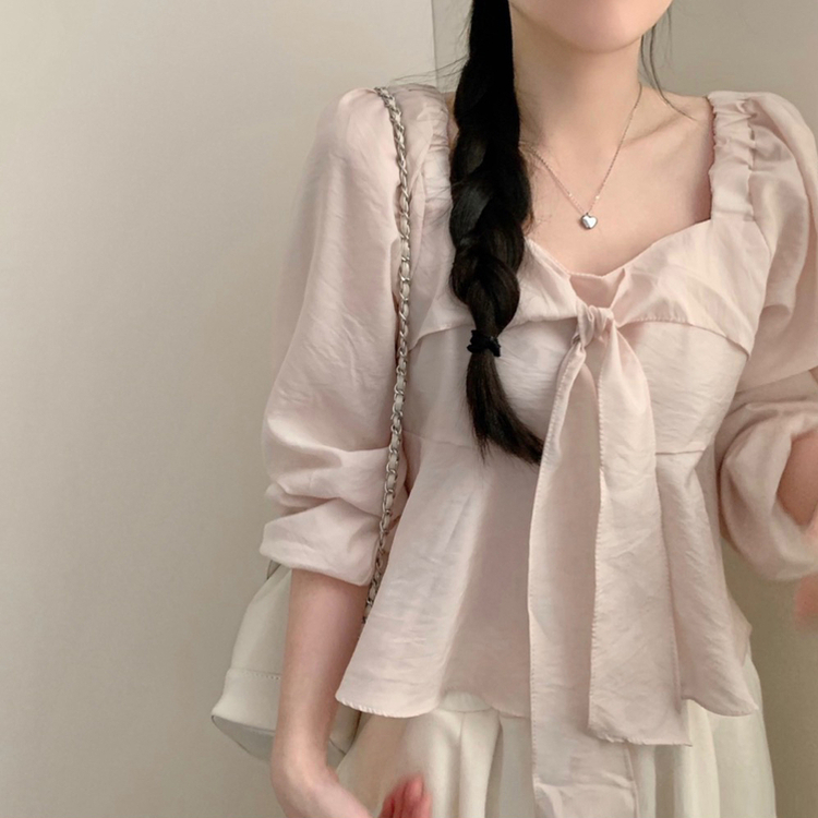 앤 리본 타이 스퀘어넥 긴팔 블라우스 하객룩 크롭 봄 봄옷 러블리 프릴 퍼프 벚꽃 핑크