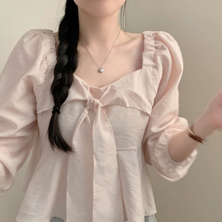 앤 리본 타이 스퀘어넥 긴팔 블라우스 하객룩 크롭 봄 봄옷 러블리 프릴 퍼프 벚꽃 핑크