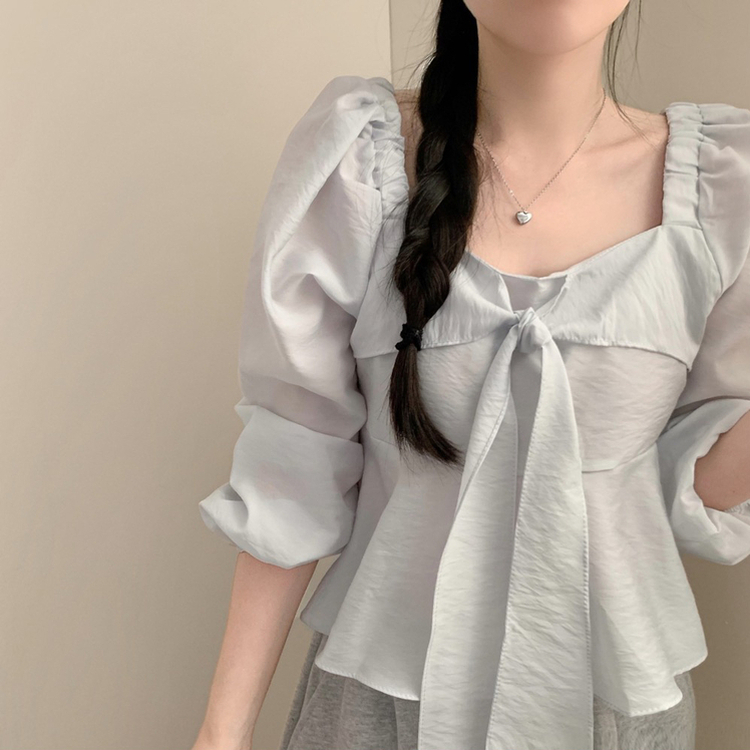 앤 리본 타이 스퀘어넥 긴팔 블라우스 하객룩 크롭 봄 봄옷 러블리 프릴 퍼프 벚꽃 소라