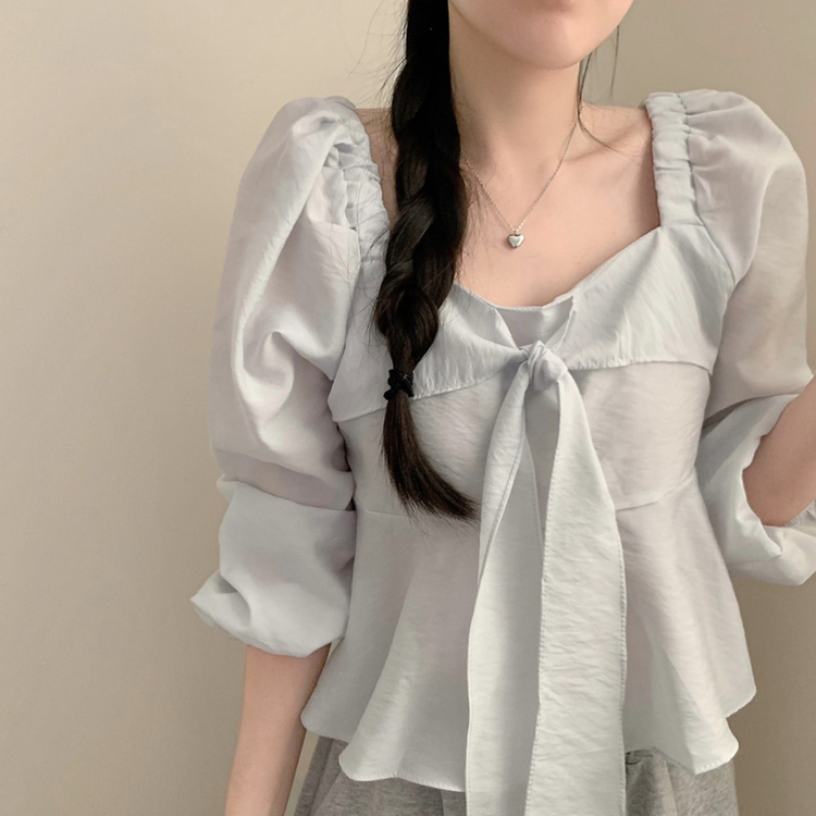 앤 리본 타이 스퀘어넥 긴팔 블라우스 하객룩 크롭 봄 봄옷 러블리 프릴 퍼프 벚꽃 소라