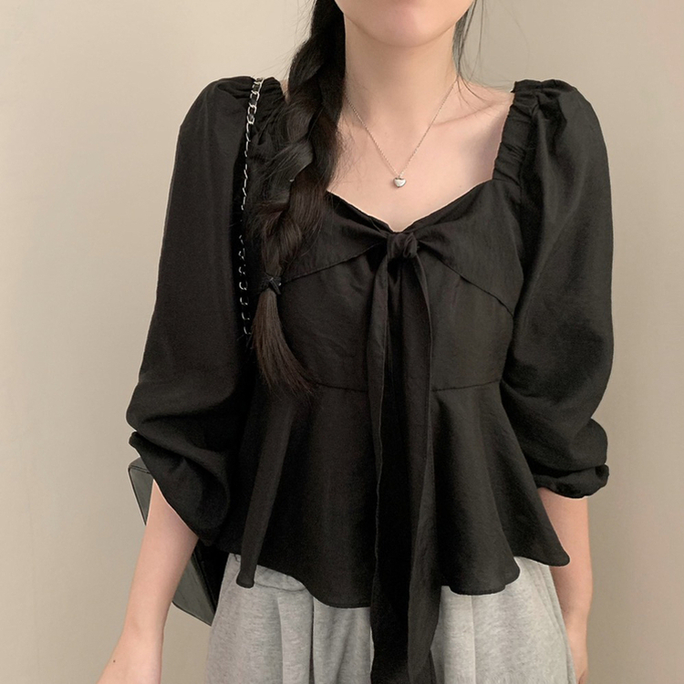 앤 리본 타이 스퀘어넥 긴팔 블라우스 하객룩 크롭 봄 봄옷 러블리 프릴 퍼프 벚꽃 블랙