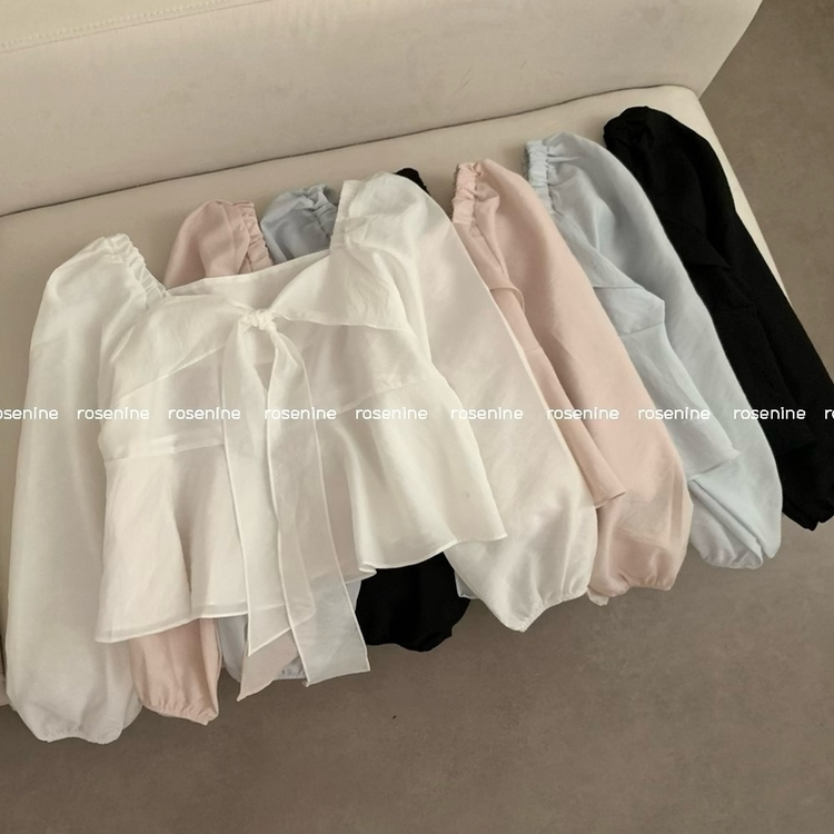 앤 리본 타이 스퀘어넥 긴팔 블라우스 하객룩 크롭 봄 봄옷 러블리 프릴 퍼프 벚꽃