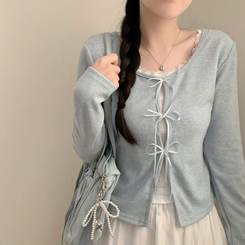 프리티 리본 레이어드 라운드넥 긴팔티 티셔츠 롱슬리브 봄 봄옷 청순 소라 벚꽃 데이트 소라