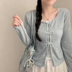 프리티 리본 레이어드 라운드넥 긴팔티 티셔츠 롱슬리브 봄 봄옷 청순 소라 벚꽃 데이트 소라