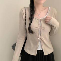 프리티 리본 레이어드 라운드넥 긴팔티 티셔츠 롱슬리브 봄 봄옷 청순 소라 벚꽃 데이트 베이지