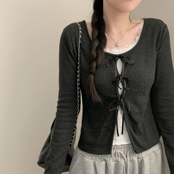 프리티 리본 레이어드 라운드넥 긴팔티 티셔츠 롱슬리브 봄 봄옷 청순 소라 벚꽃 데이트 먹색