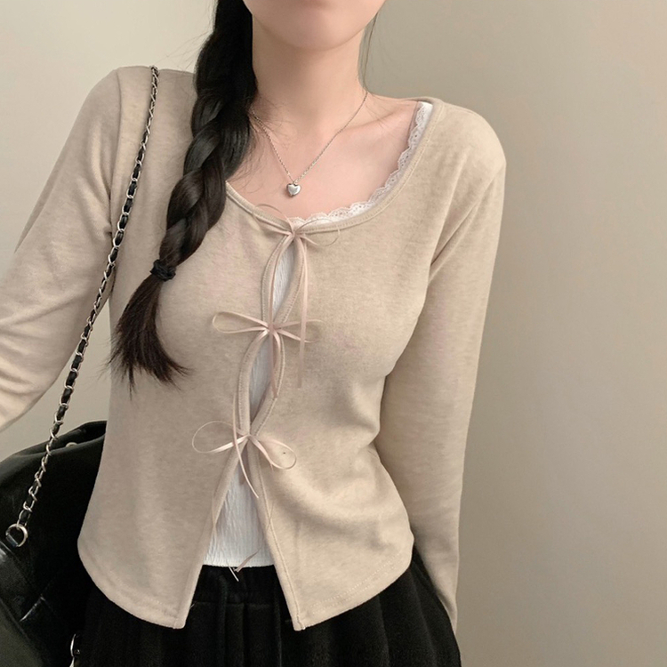 프리티 리본 레이어드 라운드넥 긴팔티 티셔츠 롱슬리브 봄 봄옷 청순 소라 벚꽃 데이트 베이지