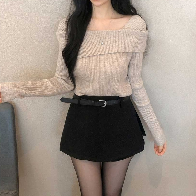 リブオフショルダーニット BEIGE