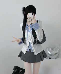 프릴스트라이프셔츠레이어드프릴가디건세트 아이보리