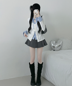 프릴스트라이프셔츠레이어드프릴가디건세트 아이보리