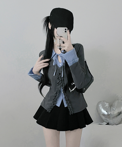 프릴스트라이프셔츠레이어드프릴가디건세트 그레이