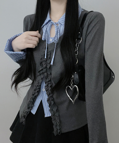 프릴스트라이프셔츠레이어드프릴가디건세트 그레이