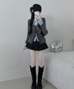 프릴스트라이프셔츠레이어드프릴가디건세트 그레이