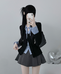 프릴스트라이프셔츠레이어드프릴가디건세트 블랙