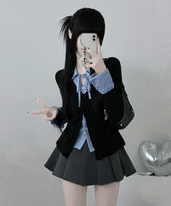 프릴스트라이프셔츠레이어드프릴가디건세트 블랙