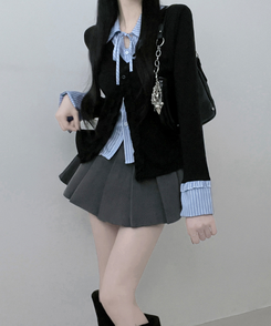 프릴스트라이프셔츠레이어드프릴가디건세트 블랙