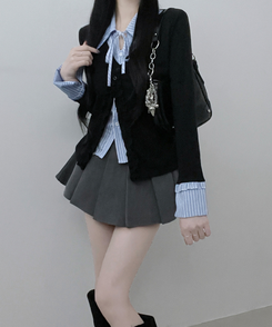 프릴스트라이프셔츠레이어드프릴가디건세트 블랙