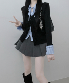 프릴스트라이프셔츠레이어드프릴가디건세트 블랙