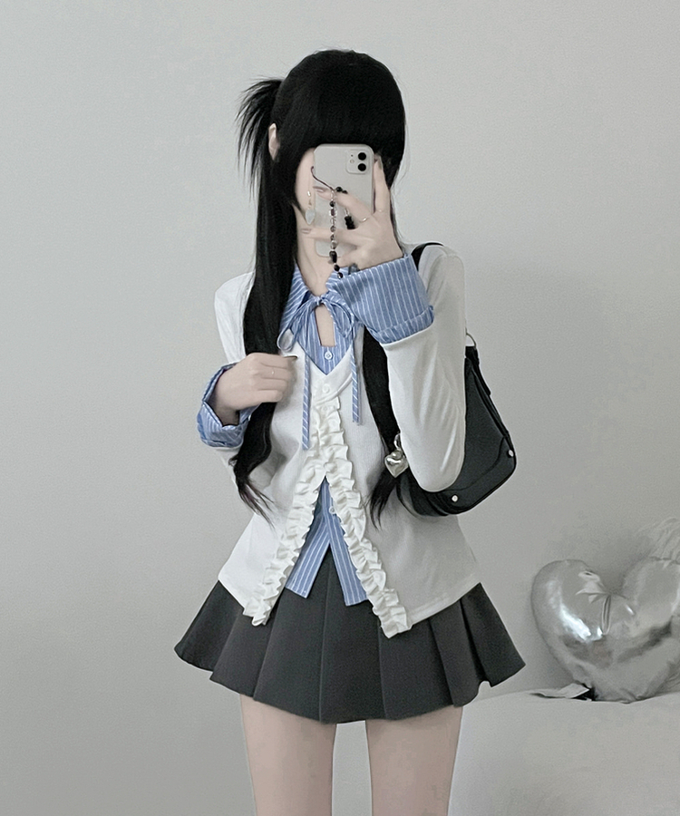 프릴스트라이프셔츠레이어드프릴가디건세트 아이보리