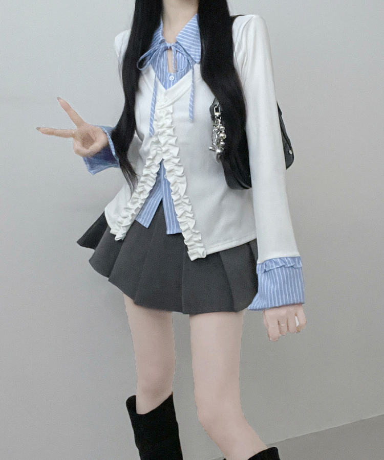 프릴스트라이프셔츠레이어드프릴가디건세트 아이보리