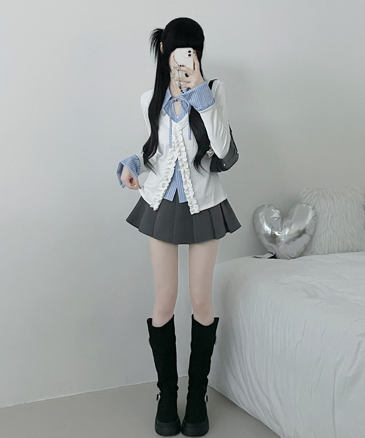 프릴스트라이프셔츠레이어드프릴가디건세트 아이보리