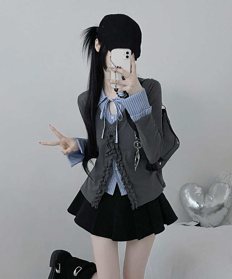 프릴스트라이프셔츠레이어드프릴가디건세트 그레이