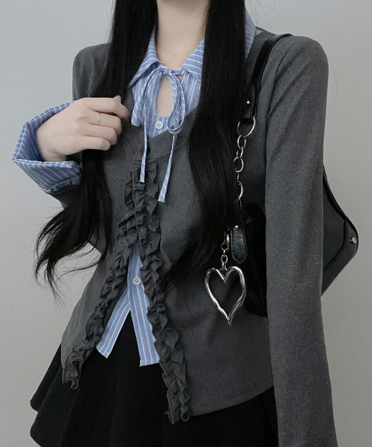 프릴스트라이프셔츠레이어드프릴가디건세트 그레이