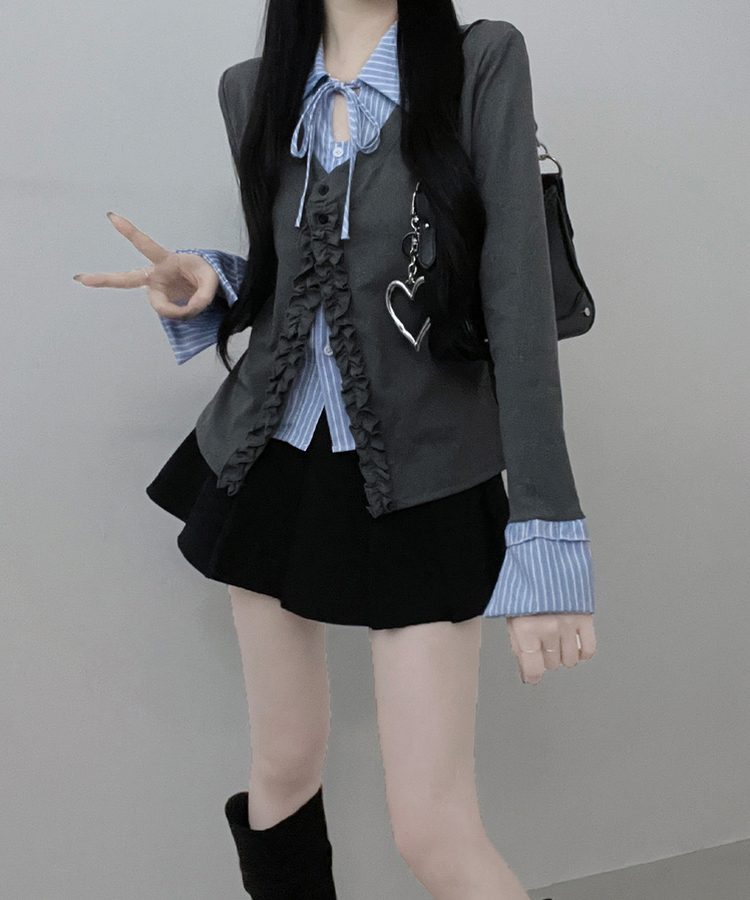 프릴스트라이프셔츠레이어드프릴가디건세트 그레이