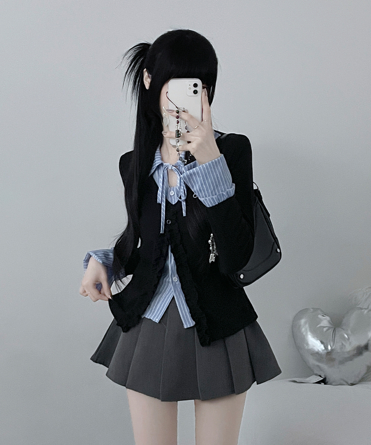 프릴스트라이프셔츠레이어드프릴가디건세트 블랙