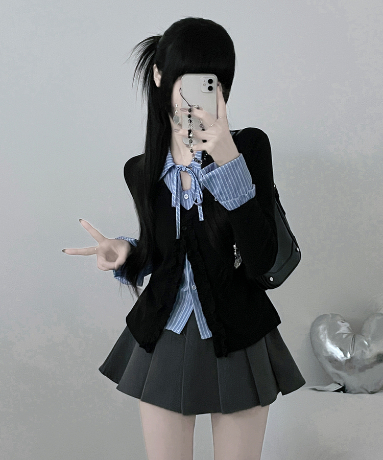 프릴스트라이프셔츠레이어드프릴가디건세트 블랙