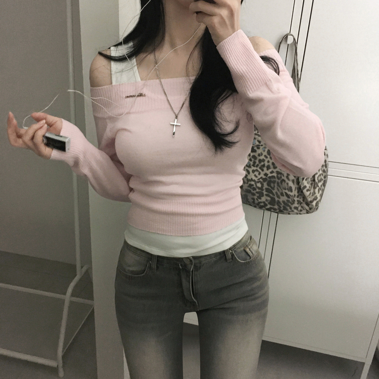 オフショルダーペンダントスリムニット(5color) PINK