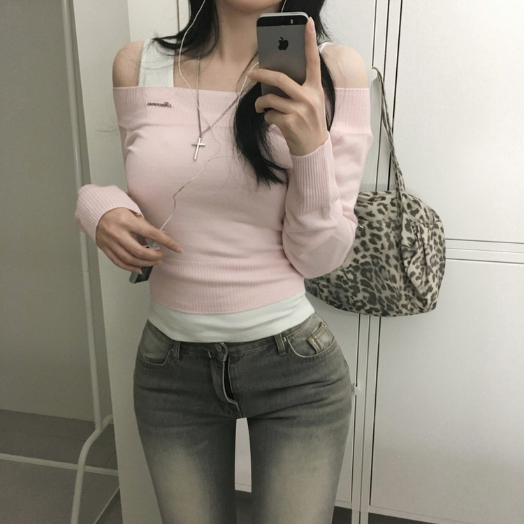 オフショルダーペンダントスリムニット(5color) PINK