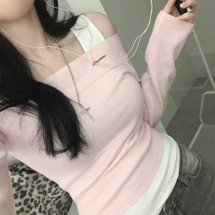 オフショルダーペンダントスリムニット(5color) PINK