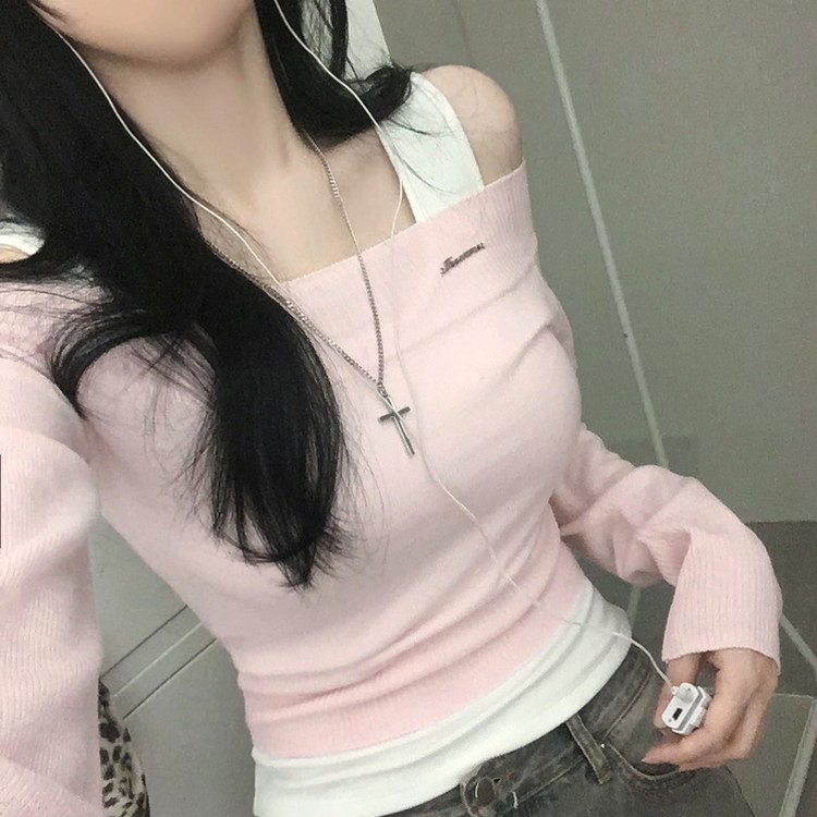 オフショルダーペンダントスリムニット(5color) PINK