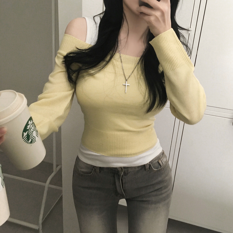 オフショルダーペンダントスリムニット(5color) YELLOW