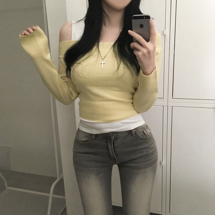 オフショルダーペンダントスリムニット(5color) YELLOW
