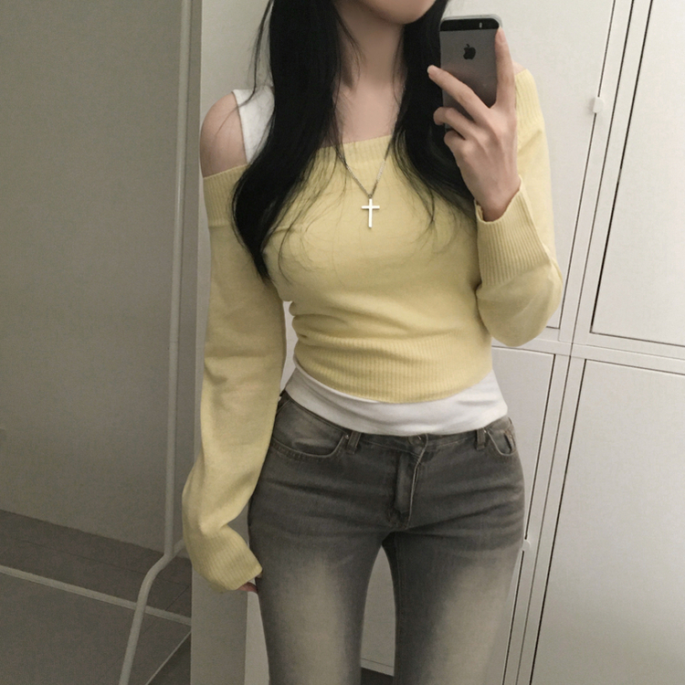 オフショルダーペンダントスリムニット(5color) YELLOW