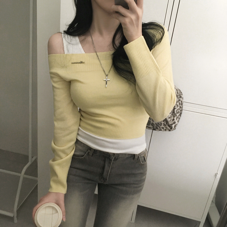 オフショルダーペンダントスリムニット(5color) YELLOW