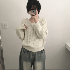 ケーブルふんわりVネックニット(5color) BEIGE