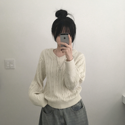 ケーブルふんわりVネックニット(5color) BEIGE