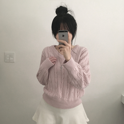 ケーブルふんわりVネックニット(5color) PINK