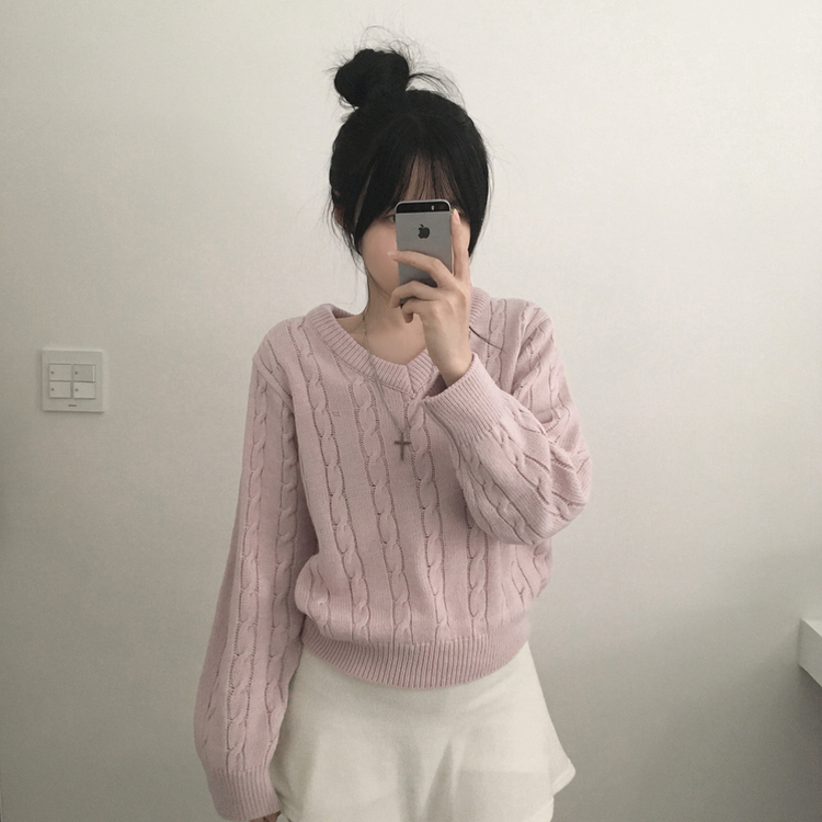 ケーブルふんわりVネックニット(5color) PINK