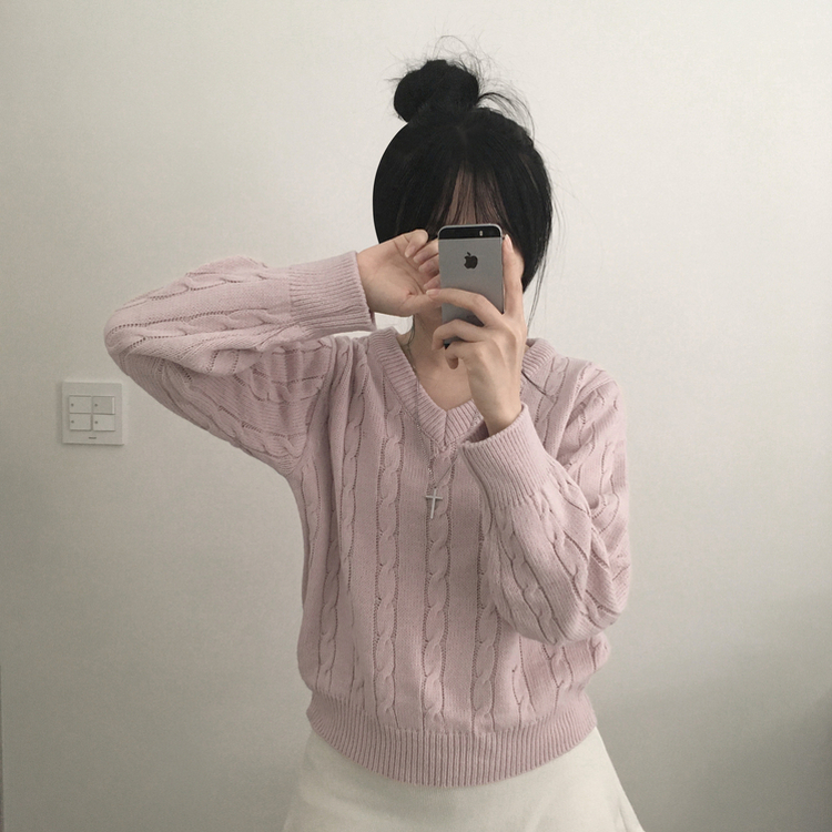 ケーブルふんわりVネックニット(5color) PINK