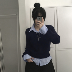 シャツボタンレイヤードニット NAVY