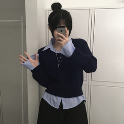 シャツボタンレイヤードニット NAVY