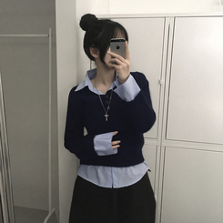 シャツボタンレイヤードニット NAVY