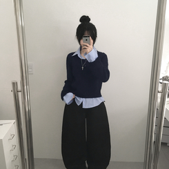 シャツボタンレイヤードニット NAVY