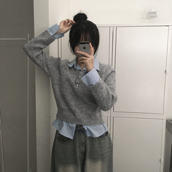 シャツボタンレイヤードニット GREY