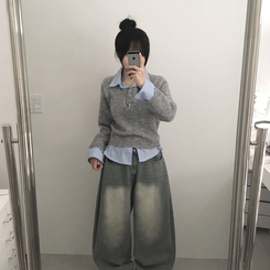 シャツボタンレイヤードニット GREY