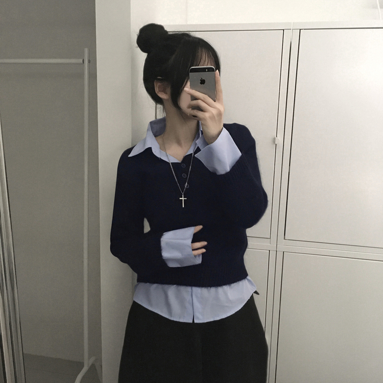 シャツボタンレイヤードニット NAVY